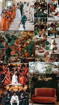 a collage of orange and green wedding colors