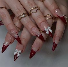 Red Almond Nails With Rhinestones, Burgundy Almond Nails Design, White And Red Nails Ideas, Red Nails With Bow, Red Aesthetic Nails, White Red Nails, Red White Nails, Red Stiletto Nails, Red And White Nails