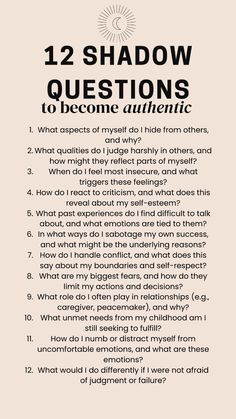 Self-acceptance is crucial for a joyful and balanced life. 🌟🌸 These shadow questions will help you explore and accept the deeper aspects of yourself. 🌿 By engaging in shadow work, you can uncover hidden fears and insecurities, transforming them into sources of strength and self-love. 🌼 Embrace the journey of understanding your shadows, and let these questions guide you towards greater self-awareness and acceptance. 💖✨ As you integrate these parts of yourself, you'll find more ............. Journal Prompts Self Awareness, Who Am I Shadow Work, 12 Shadow Questions To Become Authentic, Questions For Self Love, Therapy Questions Conversation Starters, Self Aware Questions, Life Vision Questions, Shadow Work Questions For Healing, Best Self Journal Prompts