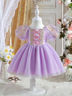 Baby Girl Puff Sleeve Mesh Party Princess Dress Purple Elegant  Short Sleeve Fabric Plants Fit and Flare Non-Stretch  Baby Girls Clothing, size features are:Bust: ,Length: ,Sleeve Length: Dress Purple Short, Baby Girl Princess Dresses, Cute Princess, Bubble Dress, Girl Princess Dress, Floral Embroidered Dress, Dress Purple, Princess Style