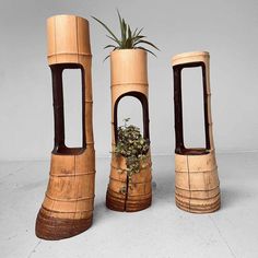 three vases made out of bamboo with plants growing in the top one is shaped like an arch