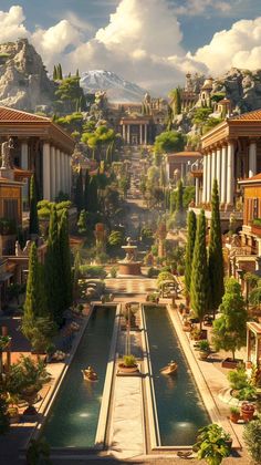 an artist's rendering of the ancient city of ephesia, with water and trees