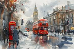 a painting of two red double decker buses on a city street with people crossing the street