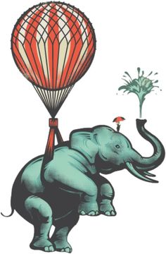 an elephant with a balloon attached to it's back is flying in the air