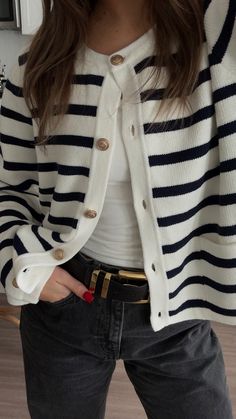 Johnny Stripe Cardigan – LLACIE Striped Knitted Cardigan, Cardigan With White Shirt, Small Cardigan Outfit, Button Up Sweater Outfit, Croatia Outfits, Jess Core, Striped Top Outfit