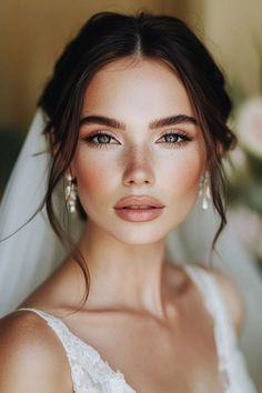 a woman in a wedding dress with her hair pulled back and wearing earrings on her head