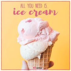 an ice cream cone with pink icing on top and the words, all you need is ice cream