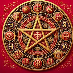 a gold pentagramil surrounded by astro symbols on a red background with golden swirls