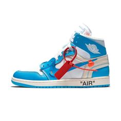 For his third edition of the monumental Off-White x Air Jordan 1, Virgil Abloh focused on the ?UNC? colorway of Michael Jordan?s first signature shoe. Released in June 2018, the Off-White x Air Jordan 1 ?UNC? features the recognizable white and Carolina blue leather upper. The colors are complemented by Abloh?s deconstructed aesthetic and signature details such as bright orange detailing and a red zip tie. Like the ?Chicago? and all-white colorways before it, the Off-White x Air Jordan 1 ?UNC? w Air Jordan 1 Unc, Jordan 1 Unc, Jordan Ones, Air Jordan Sneakers, Air Jordan 1 Retro High Og, Air Jordan 1 Retro High, Jordan 13, Air Jordan 1 High, Jordan 5