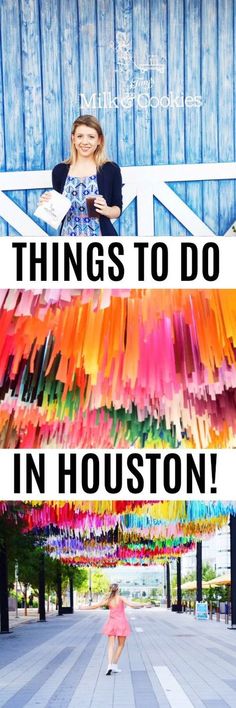 a woman standing in front of a barn with the words things to do in houston