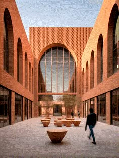 a man is walking through an empty courtyard