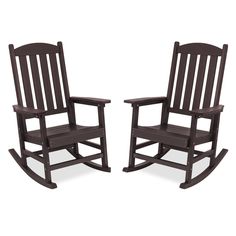 two wooden rocking chairs sitting next to each other