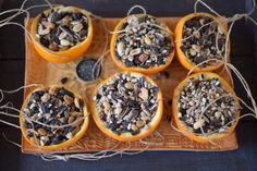 four oranges with seeds in them sitting on a tray next to some twine