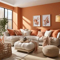 an orange living room with white furniture and pillows on the couches in front of large windows