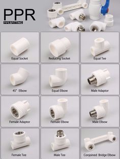 various types and sizes of plastic pipe fittings