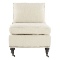 an upholstered white chair with black legs