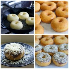 there are four different types of doughnuts on the plate and in the pan