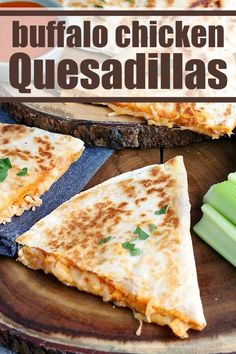 there are three quesadillas on the plate with celery