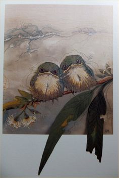 two little birds sitting on top of a tree branch