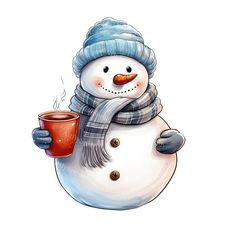 a snowman holding a cup of coffee and wearing a blue hat, scarf and mittens