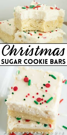 christmas sugar cookie bars with white frosting and sprinkles