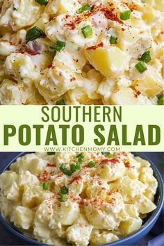 potato salad in a blue bowl with the words southern potato salad on top and bottom