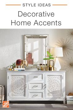 a white dresser with gold accents and an orange sign that says style ideas decorative home accents