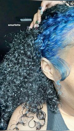 Light To Dark Blue Hair, Dyed Hair Combos, Brown And Blue Hair Black Women, Hair Styles On Natural Black Hair, Dark Blue Underdye Hair, Blue Skunk Stripe Hair Curly, Blue Hair Color Black Women, Blue Hair With Blonde Highlights, Blue Hair Black Women Natural