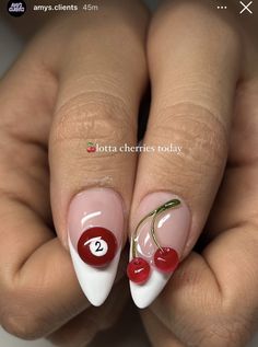 Jewelry Nail Art, 3d Cherry Nails, Linework Nails, Eight Ball Nails, Cherry Nails Designs, Red 8 Ball, Nails With Cherries, 8ball Nails, Bug Nail Art