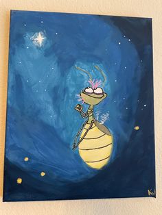 an acrylic painting of a cartoon character on a beehive with stars in the background