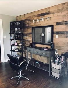 a room with a chair, mirror and shelves on the wall that have bottles in it