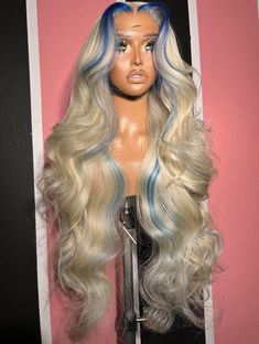 Blonde Wig With Color Streaks, Mermaid Wig Black Women, Blonde And Blue Lace Wig, Color Wigs, Cute Lace Front Wigs Blue, Custom Color Wigs Blue