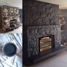 there is a stone fireplace in the middle of two pictures, one has a black fire place