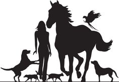 a woman and two dogs are standing next to a horse with birds on its back