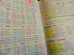 an open book with writing on it and colorful sticky notes attached to the pages that are written in different languages