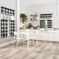 a white kitchen with black and white checkered curtains