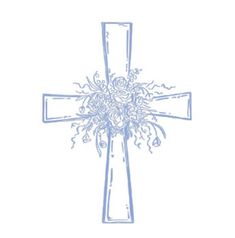 a cross with flowers on it and the word jesus written in blue ink is shown