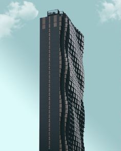 a very tall building with some windows on it's side and the sky in the background