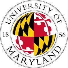 the university of maryland logo is shown in red, yellow and black on a white background