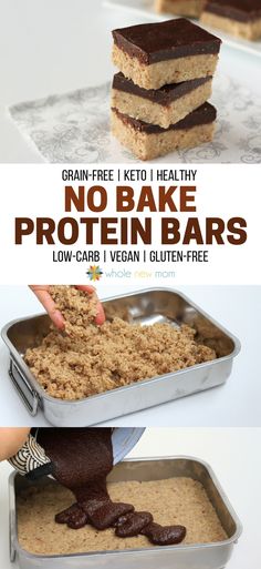 no bake protein bars with chocolate frosting and peanut butter on top in a metal pan