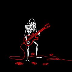 a skeleton playing a guitar in the dark