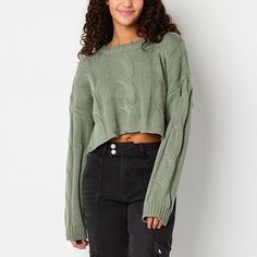 This Forever 21 women's and junior's cropped cable-knit sweater has distressed hems and an oversized fit, giving it a cool edge to work in with your favorite looks for fall and winter. Made from a soft chunky knit, it has a boat neckline and long sleeves. Wear it with skinny jeans and ankle boots.Closure Type: Pullover HeadNeckline: Boat NeckSleeve Length: Long SleeveFiber Content: 100% AcrylicCare: Dry Flat, Hand WashCountry of Origin: Imported Cropped Cable Knit Sweater, Boat Neck Long Sleeve, Large Sweaters, Small Sweater, Long Sleeve Pullover Sweater, Pullover Sweater Women, Boat Neckline, Knit Crop, Green Sweater