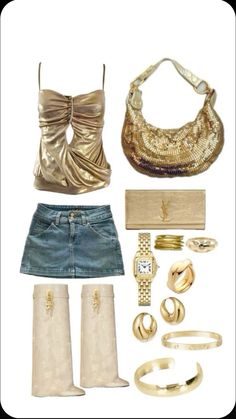 Gold Aesthetic Outfit, Gold Summer Outfit, Gold Skirt Outfit, Gold And White Outfit, Gold Outfits, Golden Outfit, 2000s Outfit, City Outfit, Fancy Fits