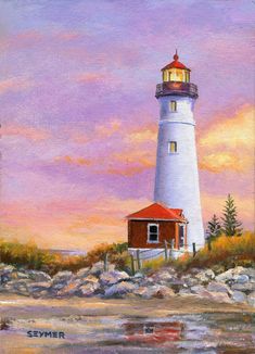 a painting of a lighthouse on the shore