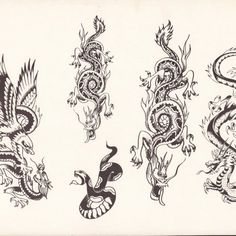 four different types of dragon tattoo designs on white paper, each with an individual's own image