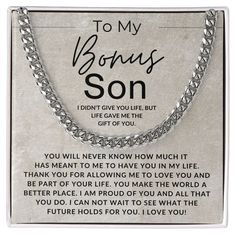 a necklace with the words to my son on it and an image of a chain