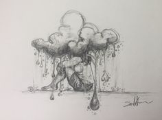 a drawing of a person sitting in front of a bunch of clouds with drops of water on them