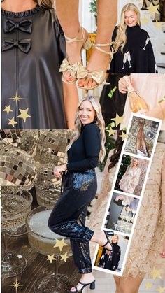 the collage shows different images of women in dresses and heels, with gold stars on them