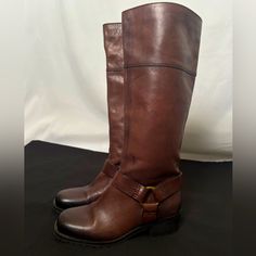 Brand New Never Worn Knee High Boots Real Leather Clean Soles Leather Wide Calf Heeled Boots With Buckle Closure, Wide Calf Leather Heeled Boots With Buckle Closure, Brown Leather Heeled Boots With Buckle, Brown Leather Wide Calf Moto Boots, Brown Leather Moto Boots For Wide Calf, Leather Boots With Wide Calf And Buckle Closure, Wide Calf Leather Boots With Buckle Closure, Lucky Brand Boots, Womens Suede Boots