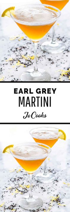 two martinis with lemon garnish on the side and text overlay that reads, ear grey martini no casks